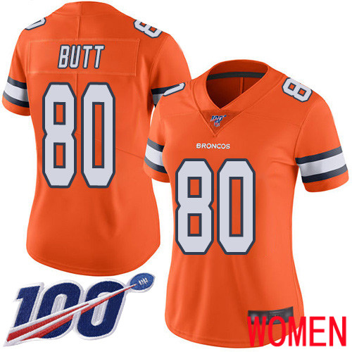 Women Denver Broncos #80 Jake Butt Limited Orange Rush Vapor Untouchable 100th Season Football NFL Jersey->women nfl jersey->Women Jersey